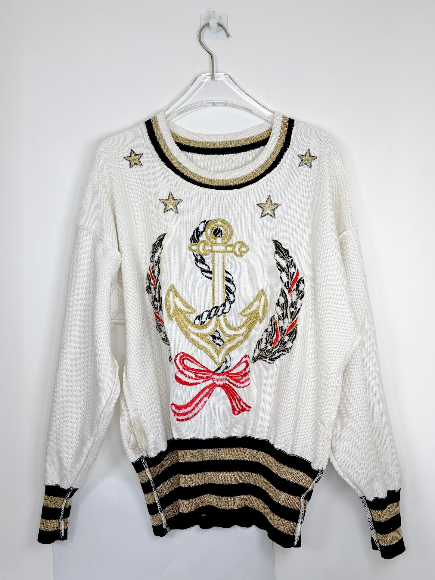80s Vintage Sailor Nautical Anchor Embroidered Knit Sweater | Sz42~ S-L
