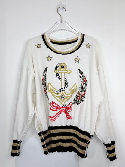 80s Vintage Sailor Nautical Anchor Embroidered Knit Sweater | Sz42~ S-L