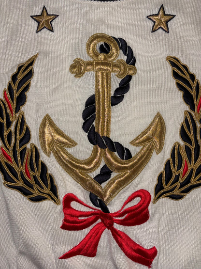 80s Vintage Sailor Nautical Anchor Embroidered Knit Sweater | Sz42~ S-L