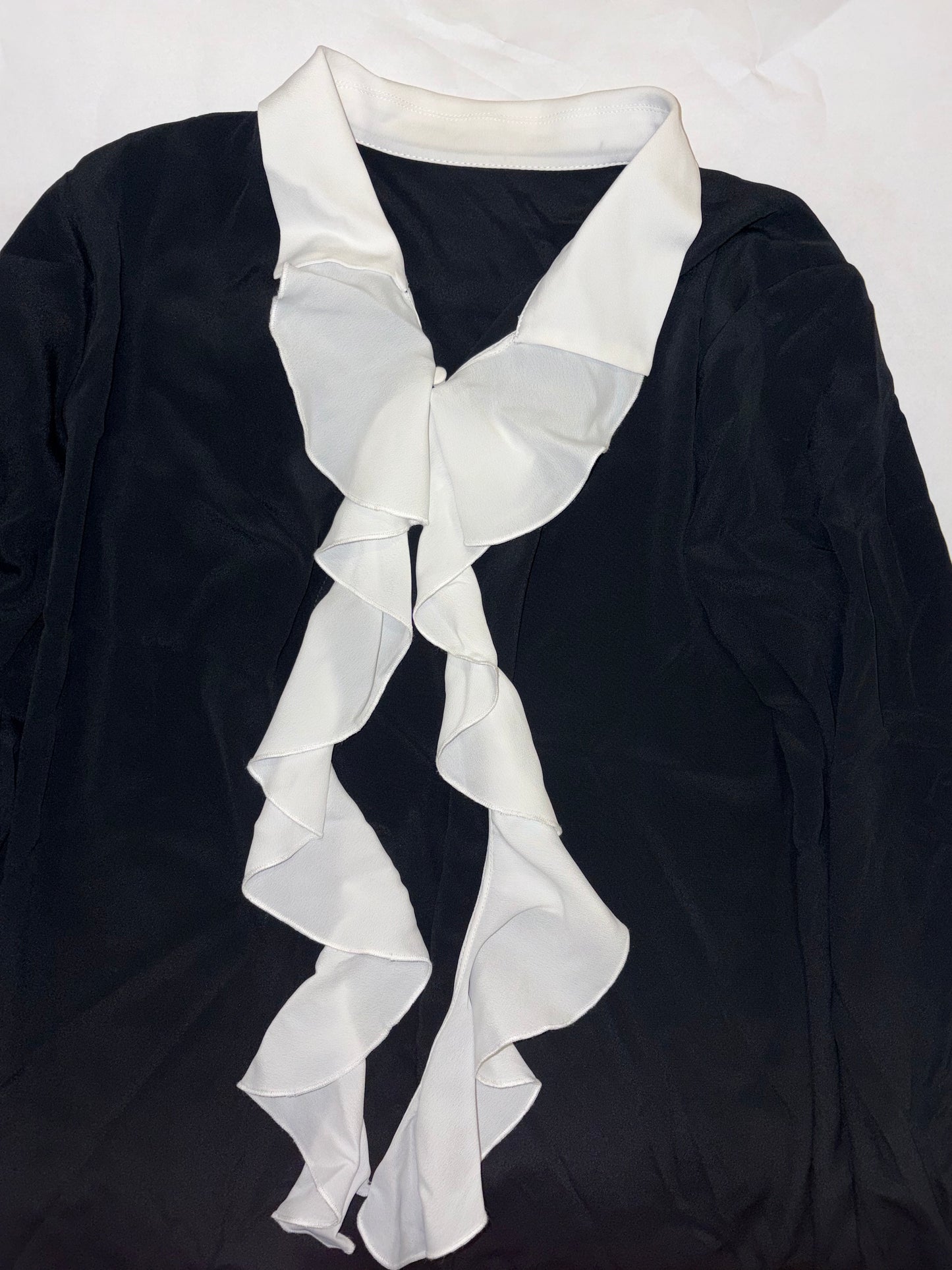 Black White Ruffle Collar Contrast Long Sleeve Dress | Sz IT38 ~ Small
