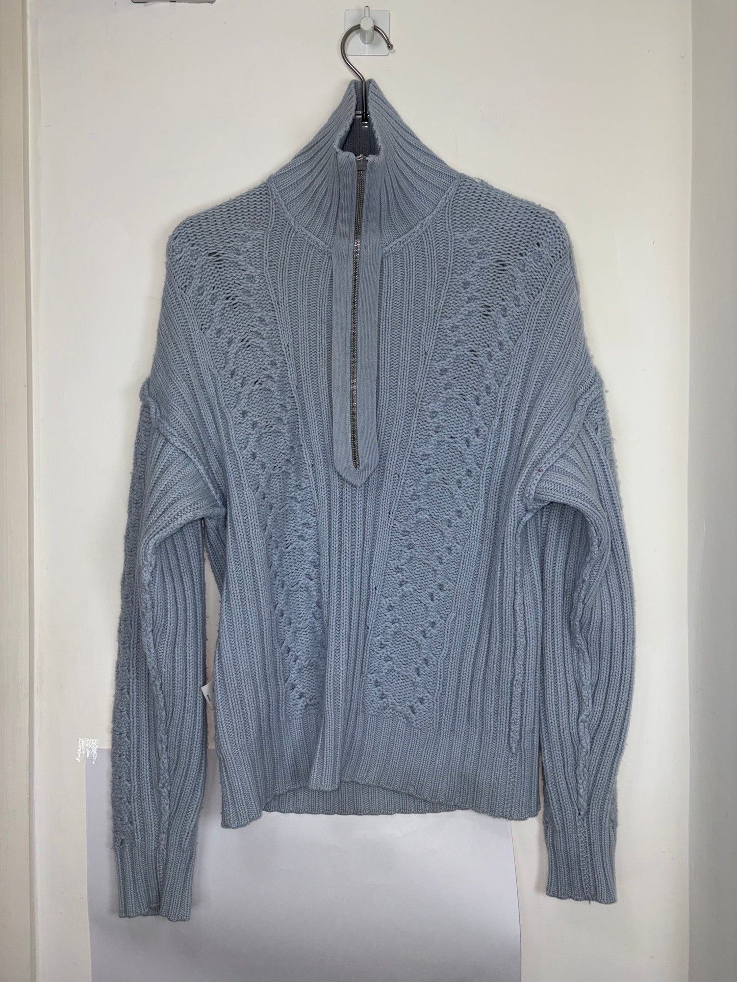 Wool Cashmere Open Back Cable Knit Quarter Zip Blue Sweater | Sz XSmall
