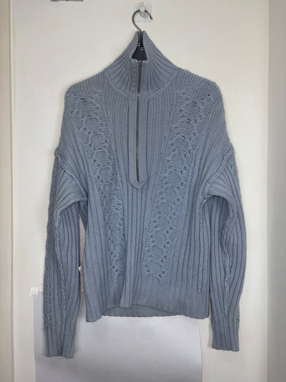 Wool Cashmere Open Back Cable Knit Quarter Zip Blue Sweater | Sz XSmall