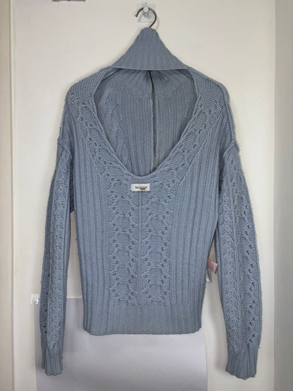 Wool Cashmere Open Back Cable Knit Quarter Zip Blue Sweater | Sz XSmall