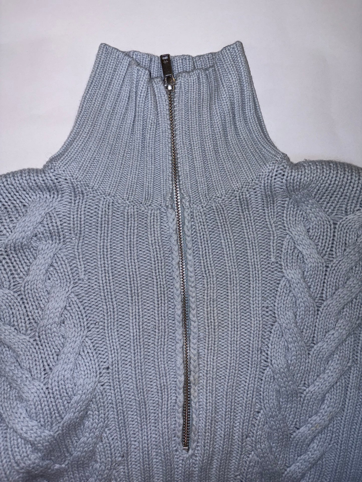 Wool Cashmere Open Back Cable Knit Quarter Zip Blue Sweater | Sz XSmall