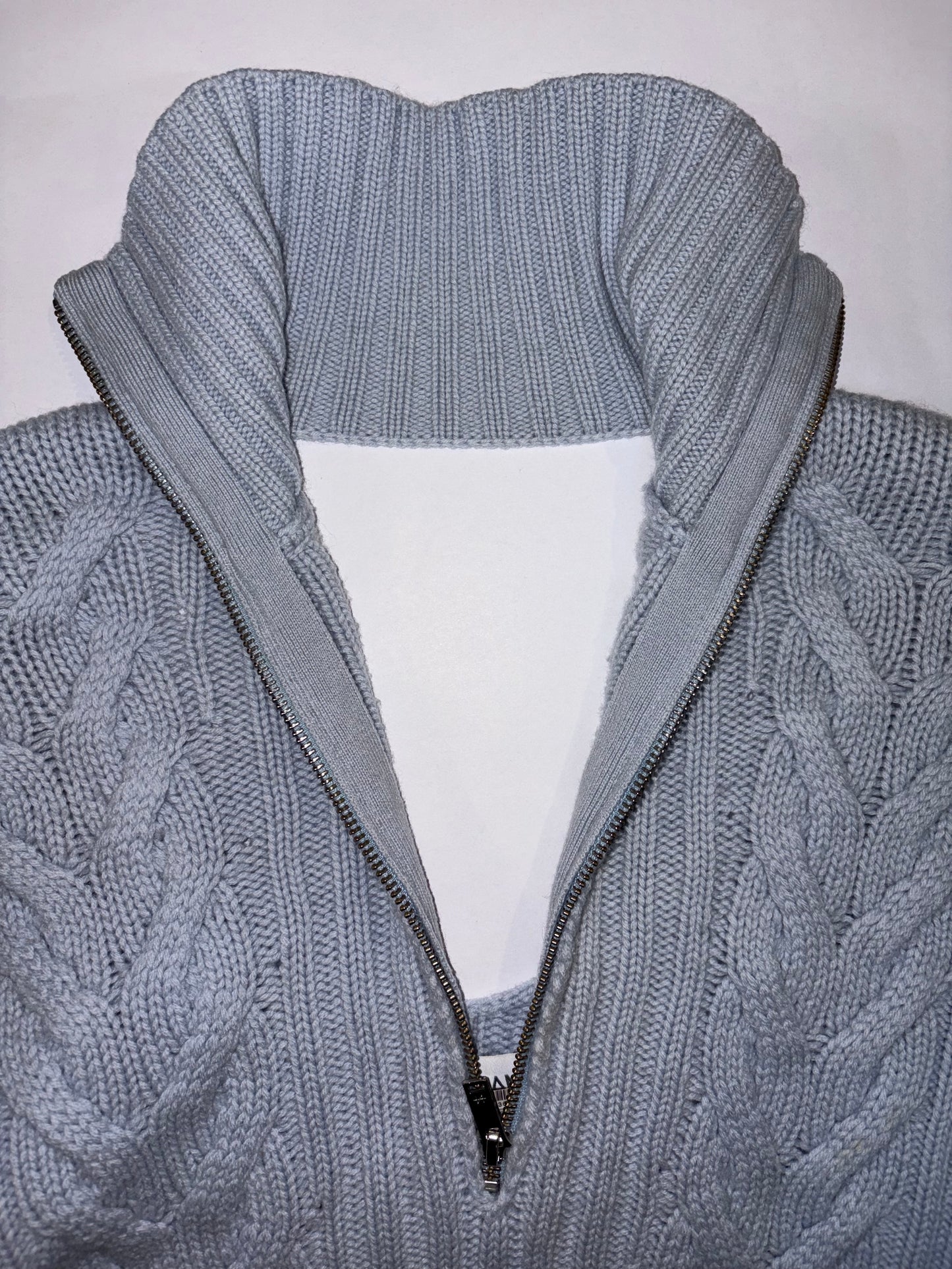 Wool Cashmere Open Back Cable Knit Quarter Zip Blue Sweater | Sz XSmall