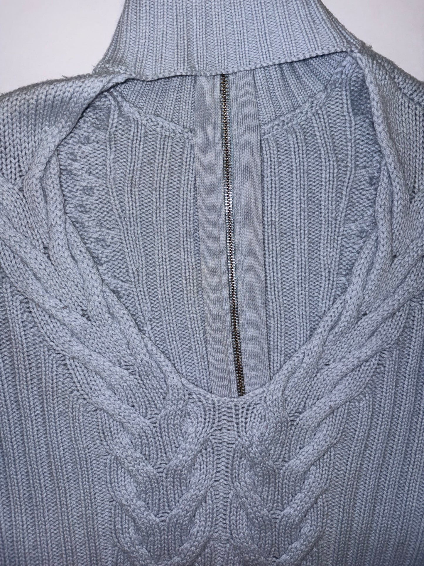 Wool Cashmere Open Back Cable Knit Quarter Zip Blue Sweater | Sz XSmall