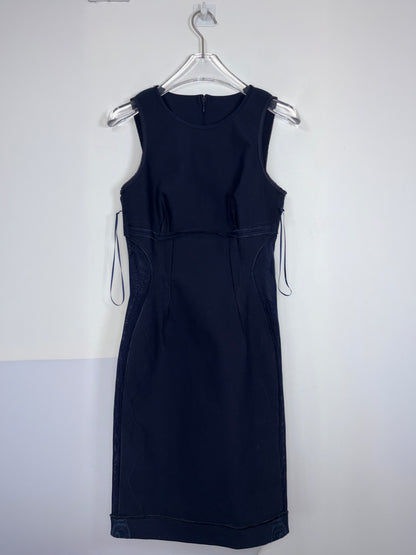 Navy Blue Jersey Lace Sides Sleeveless Sheath Dress | Sz IT38