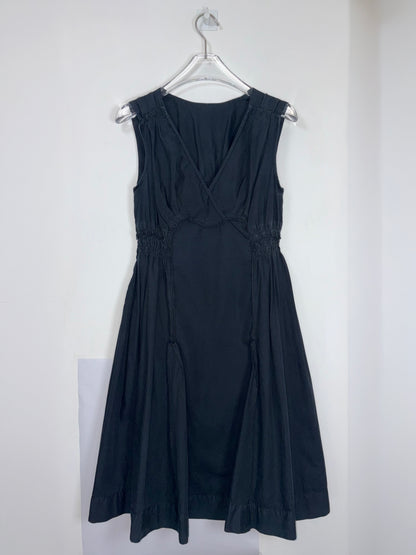 Vintage Ruche Gather Sleeveless Cotton V Neck Dress | Sz IT 38 ~ Small
