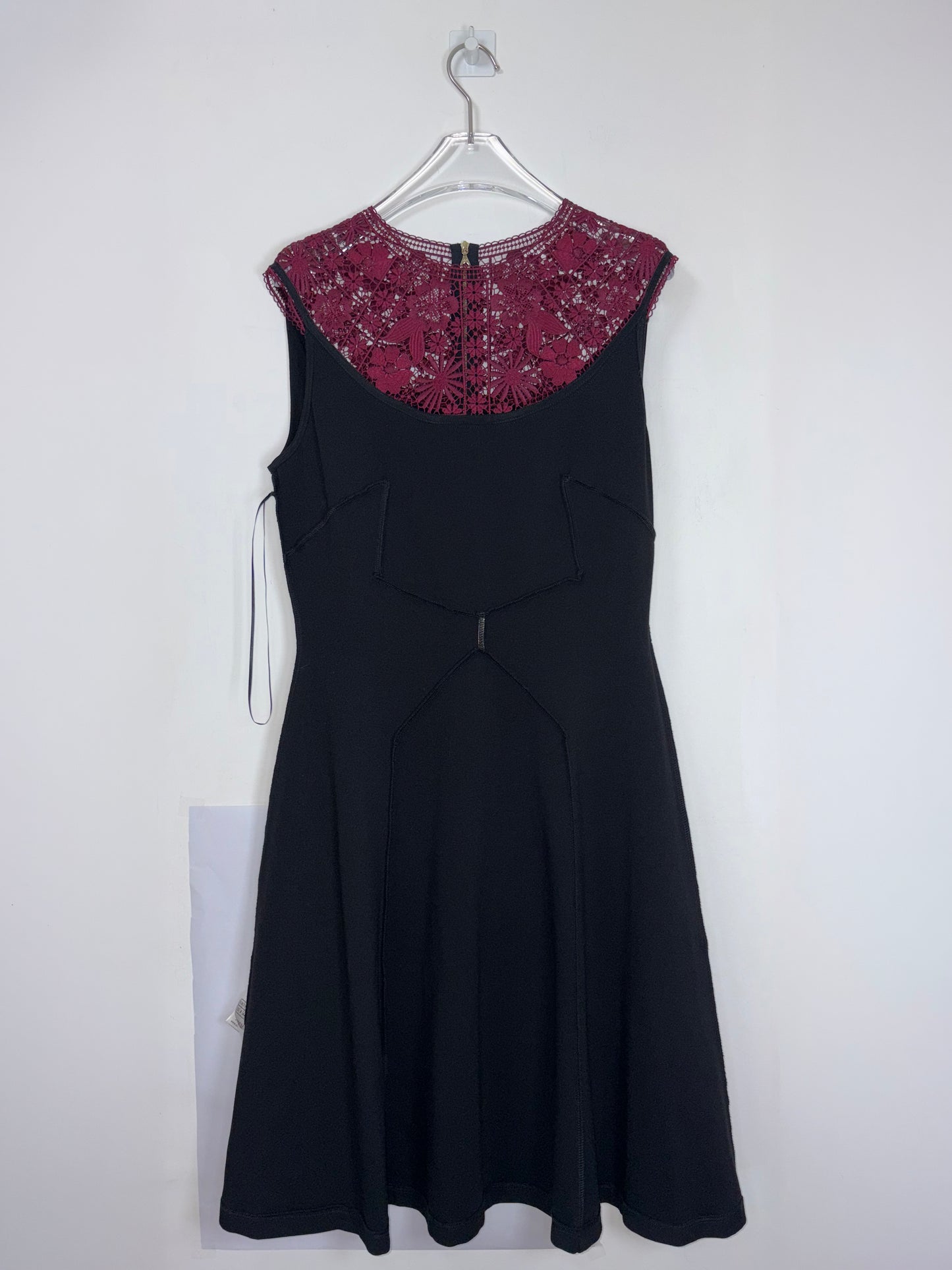 Black Burgundy Lace Accent Crew Neck Sleeve A-Line Dress |Sz UK12~ Small