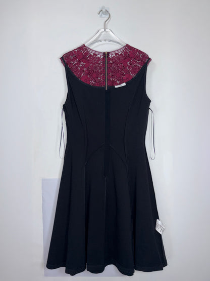 Black Burgundy Lace Accent Crew Neck Sleeve A-Line Dress |Sz UK12~ Small