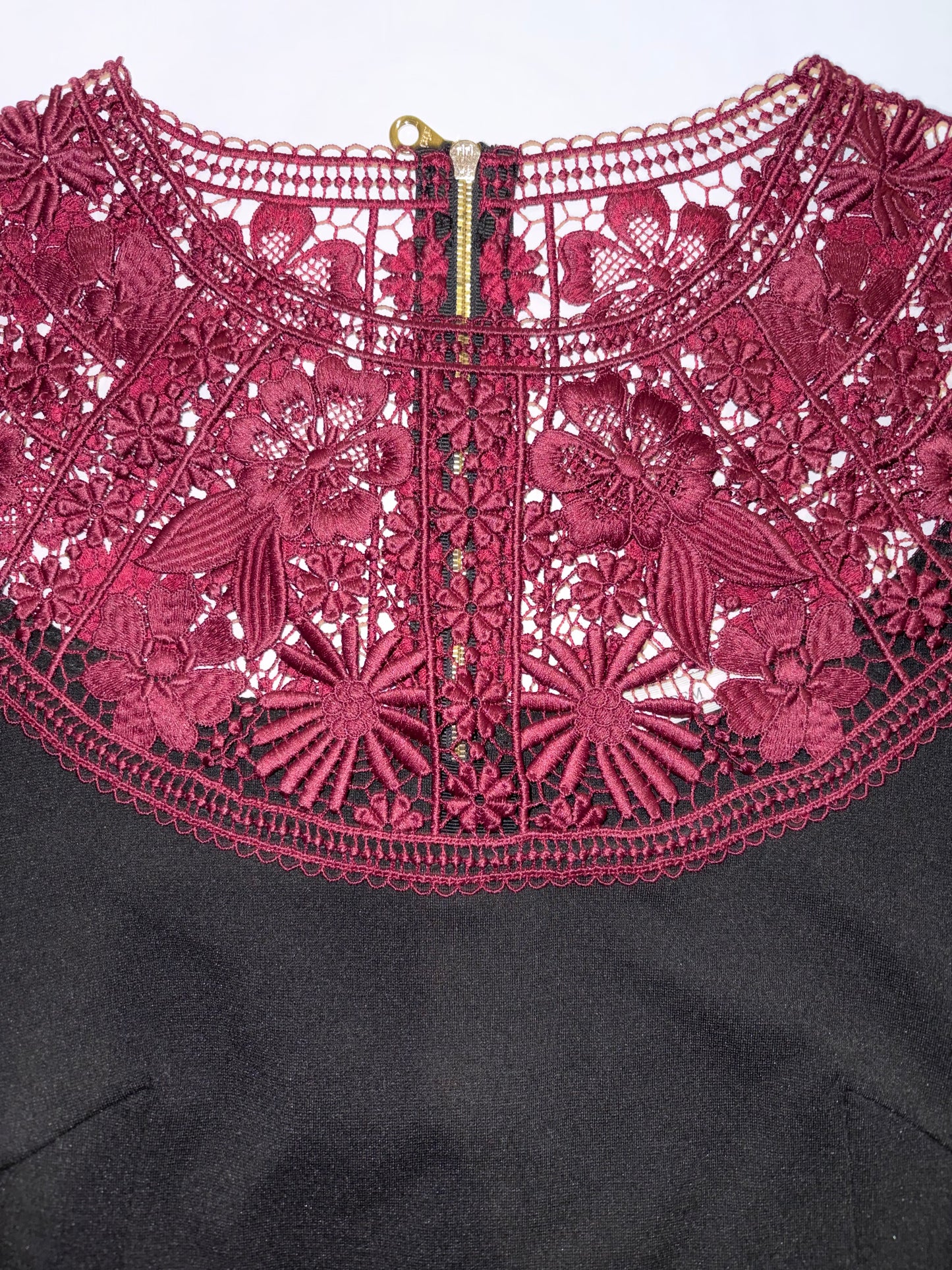 Black Burgundy Lace Accent Crew Neck Sleeve A-Line Dress |Sz UK12~ Small