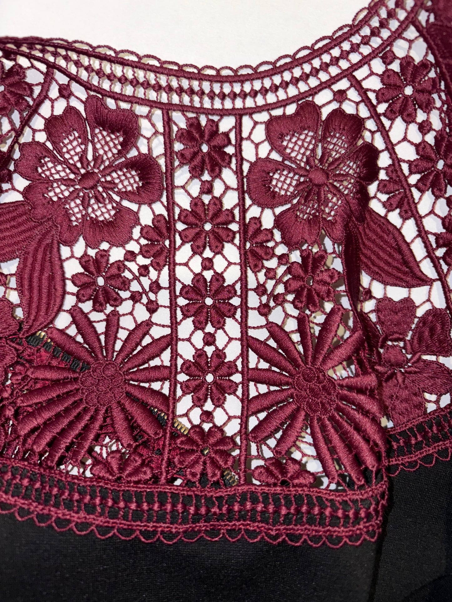 Black Burgundy Lace Accent Crew Neck Sleeve A-Line Dress |Sz UK12~ Small