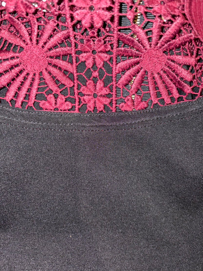 Black Burgundy Lace Accent Crew Neck Sleeve A-Line Dress |Sz UK12~ Small