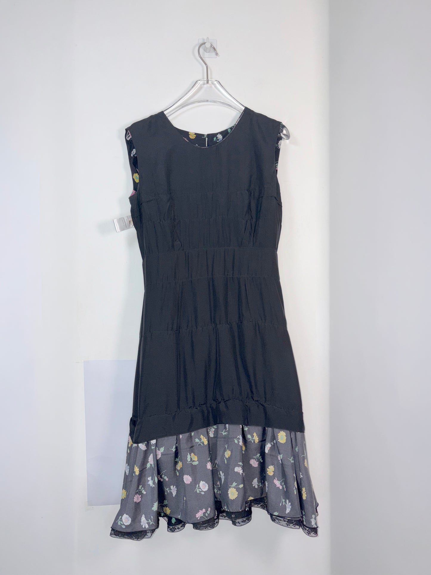 100% Silk Sleeveless Black Floral Tiered Lace Ruffle Dress |Sz FR40