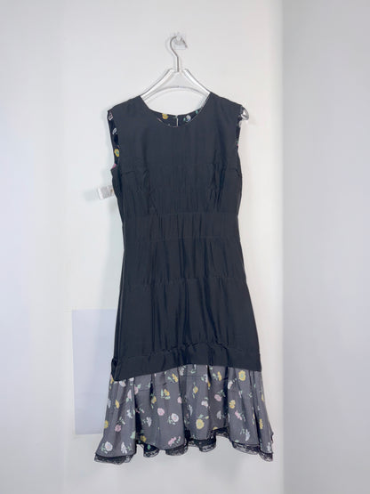 100% Silk Sleeveless Black Floral Tiered Lace Ruffle Dress |Sz FR40