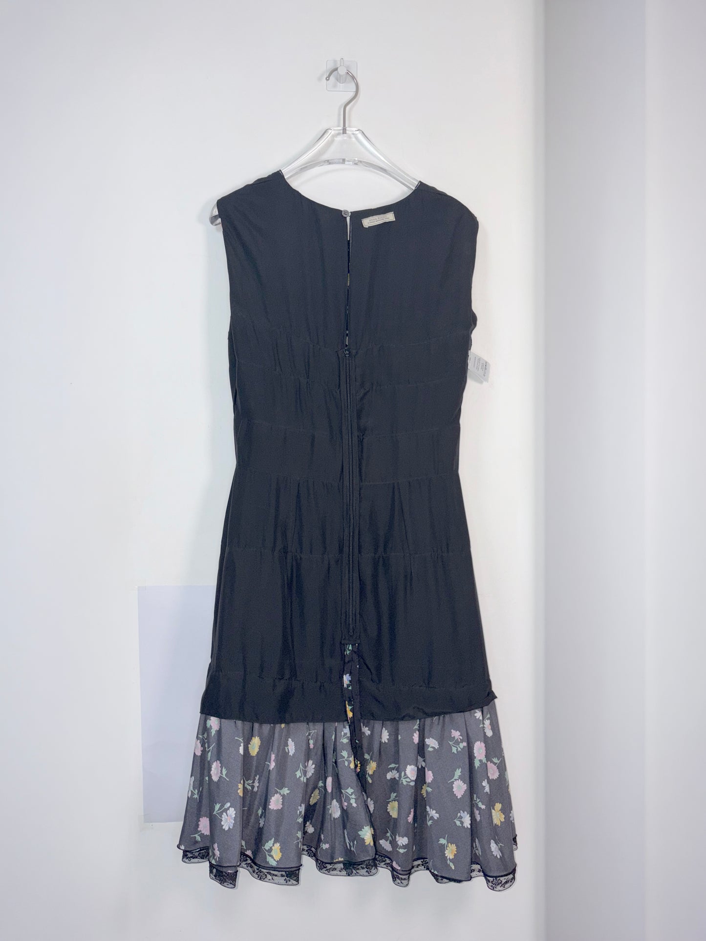 100% Silk Sleeveless Black Floral Tiered Lace Ruffle Dress |Sz FR40