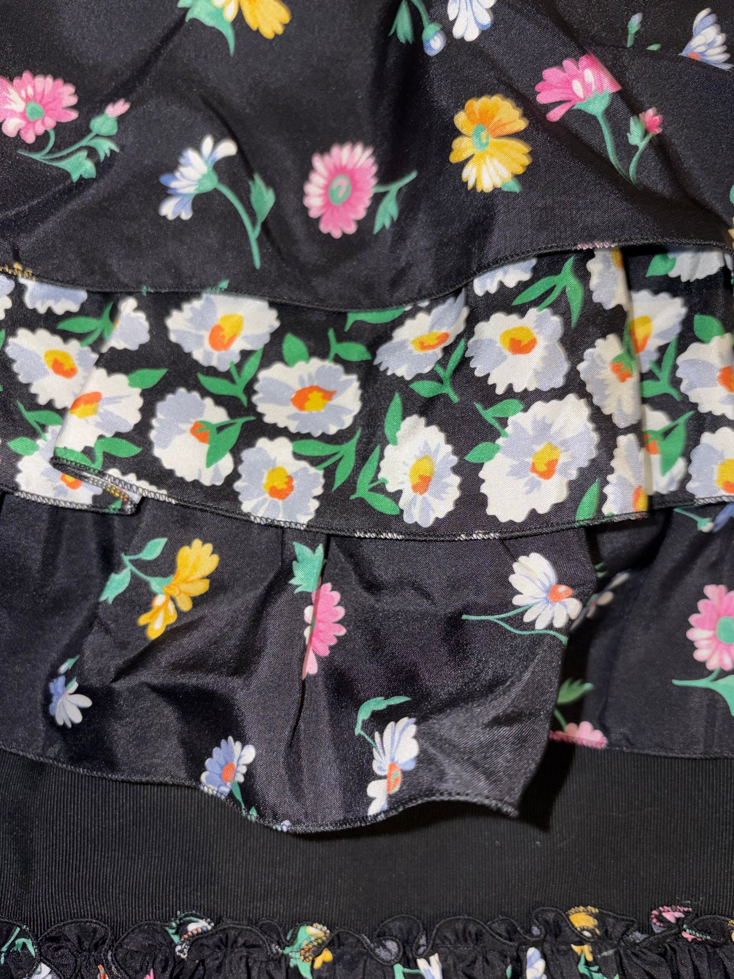 100% Silk Sleeveless Black Floral Tiered Lace Ruffle Dress |Sz FR40