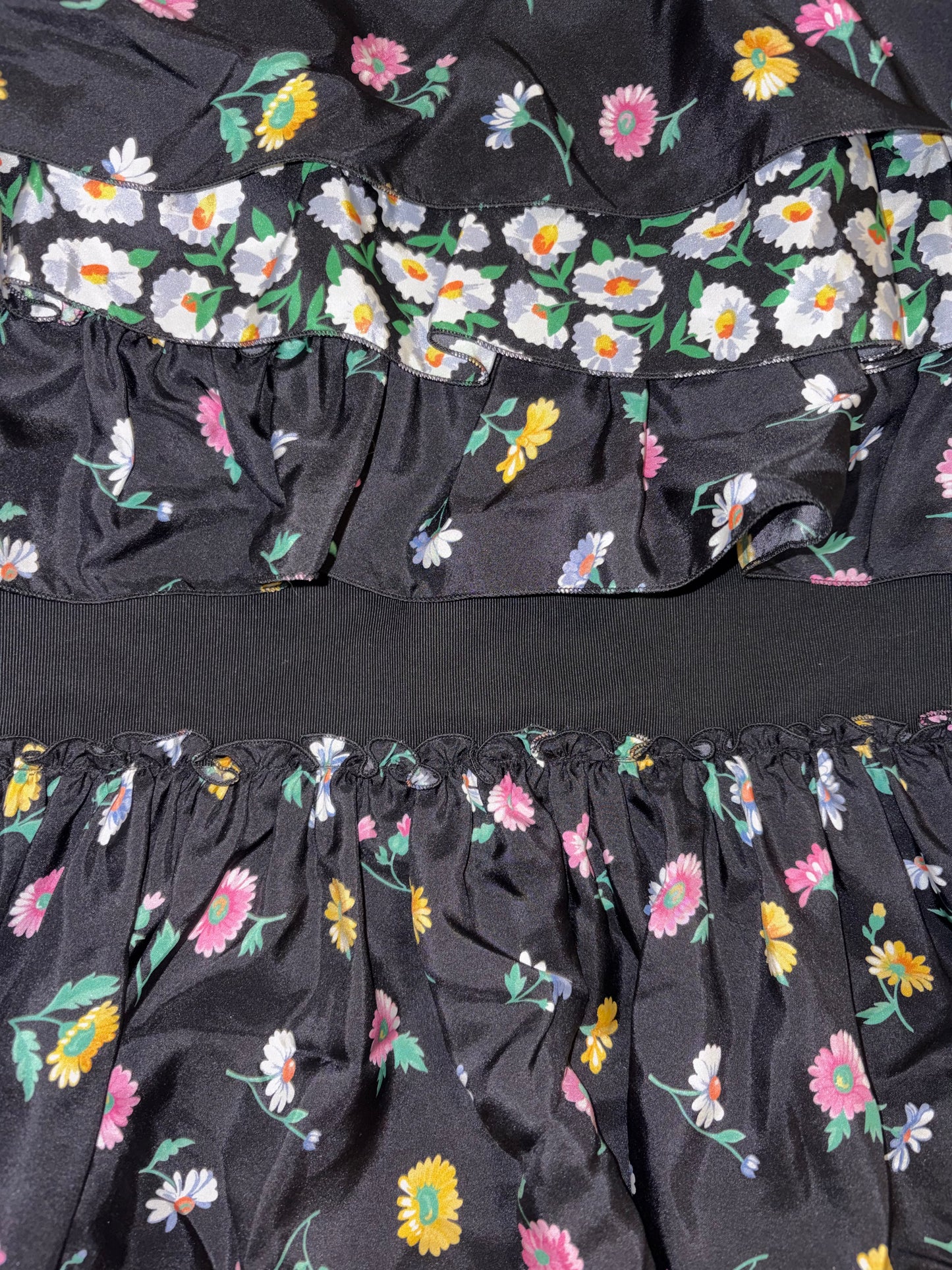 100% Silk Sleeveless Black Floral Tiered Lace Ruffle Dress |Sz FR40