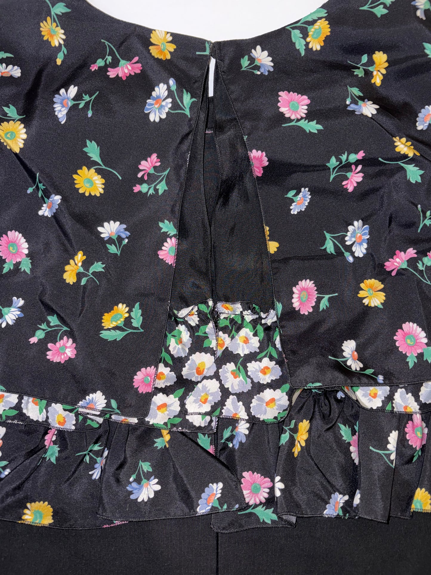 100% Silk Sleeveless Black Floral Tiered Lace Ruffle Dress |Sz FR40