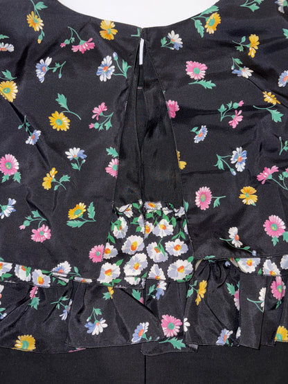 100% Silk Sleeveless Black Floral Tiered Lace Ruffle Dress |Sz FR40
