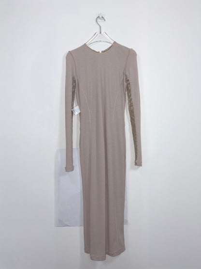 Beige Crew Neck Long Sleeve Sheath Dress Metallic Lace | Sz XS