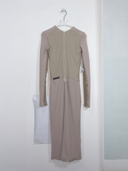 Beige Crew Neck Long Sleeve Sheath Dress Metallic Lace | Sz XS