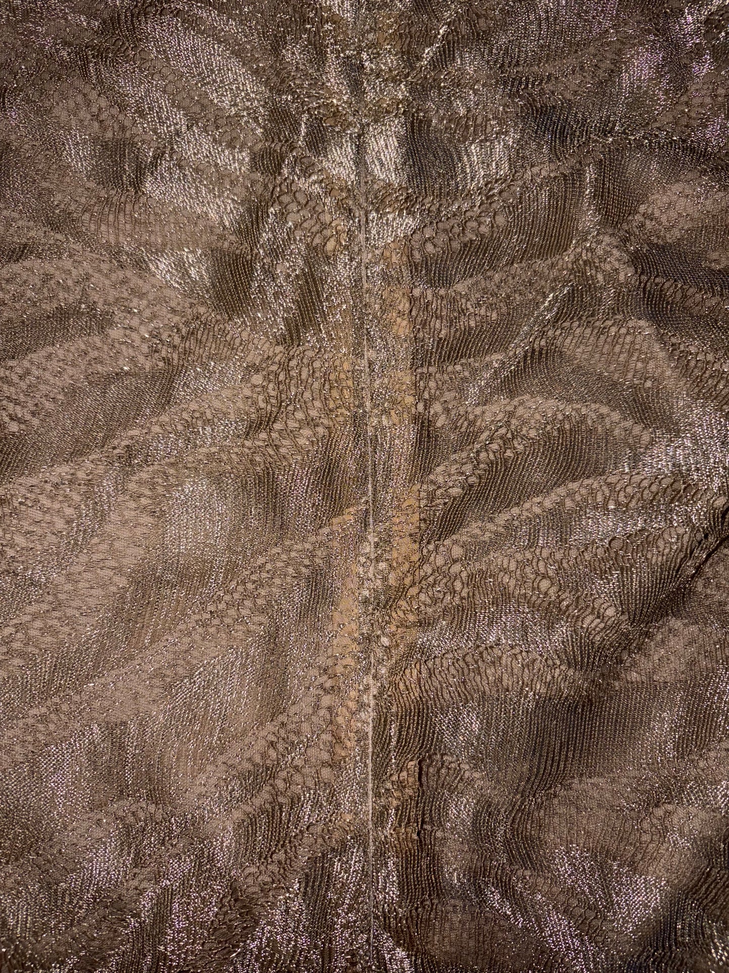 Beige Crew Neck Long Sleeve Sheath Dress Metallic Lace | Sz XS