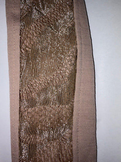 Beige Crew Neck Long Sleeve Sheath Dress Metallic Lace | Sz XS