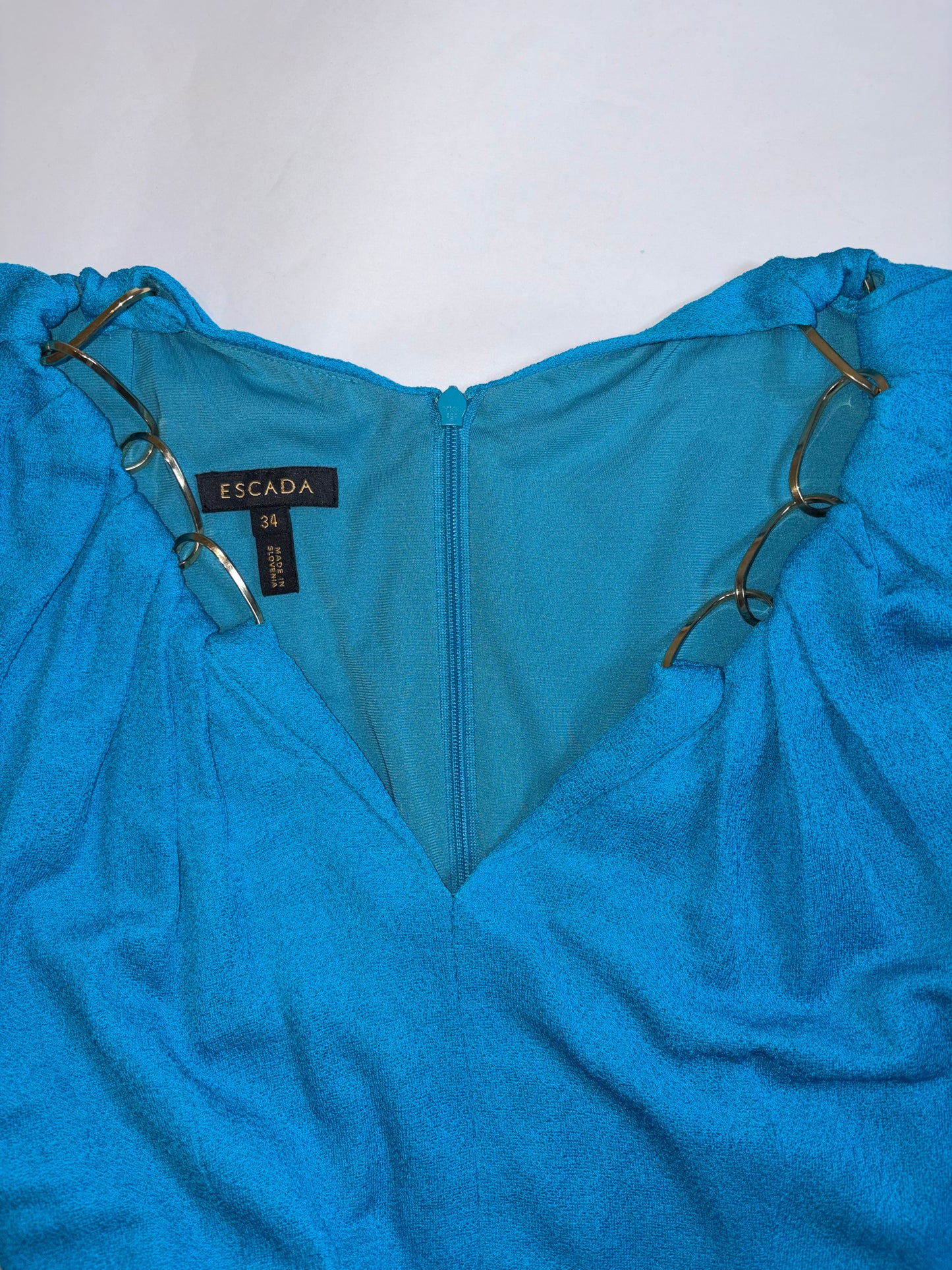 Aqua Blue Knee length Dress w/Gold Metal Chain Detail | Sz 34 ~ Small
