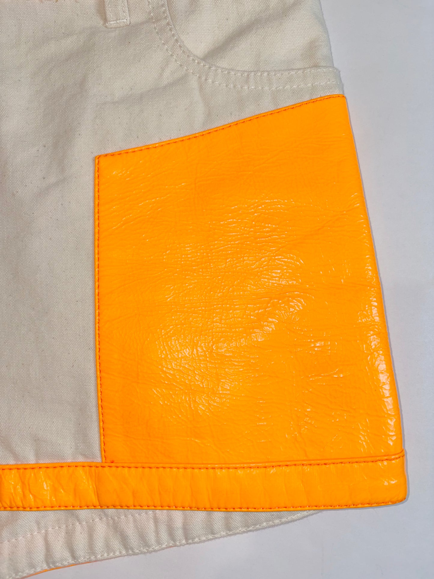 *RUNWAY* SS 2019 Beige Shorts Neon Orange Vinyl Patchwork | Sz FR36