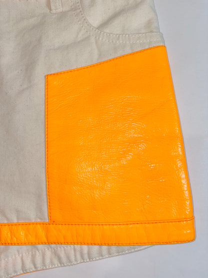 *RUNWAY* SS 2019 Beige Shorts Neon Orange Vinyl Patchwork | Sz FR36