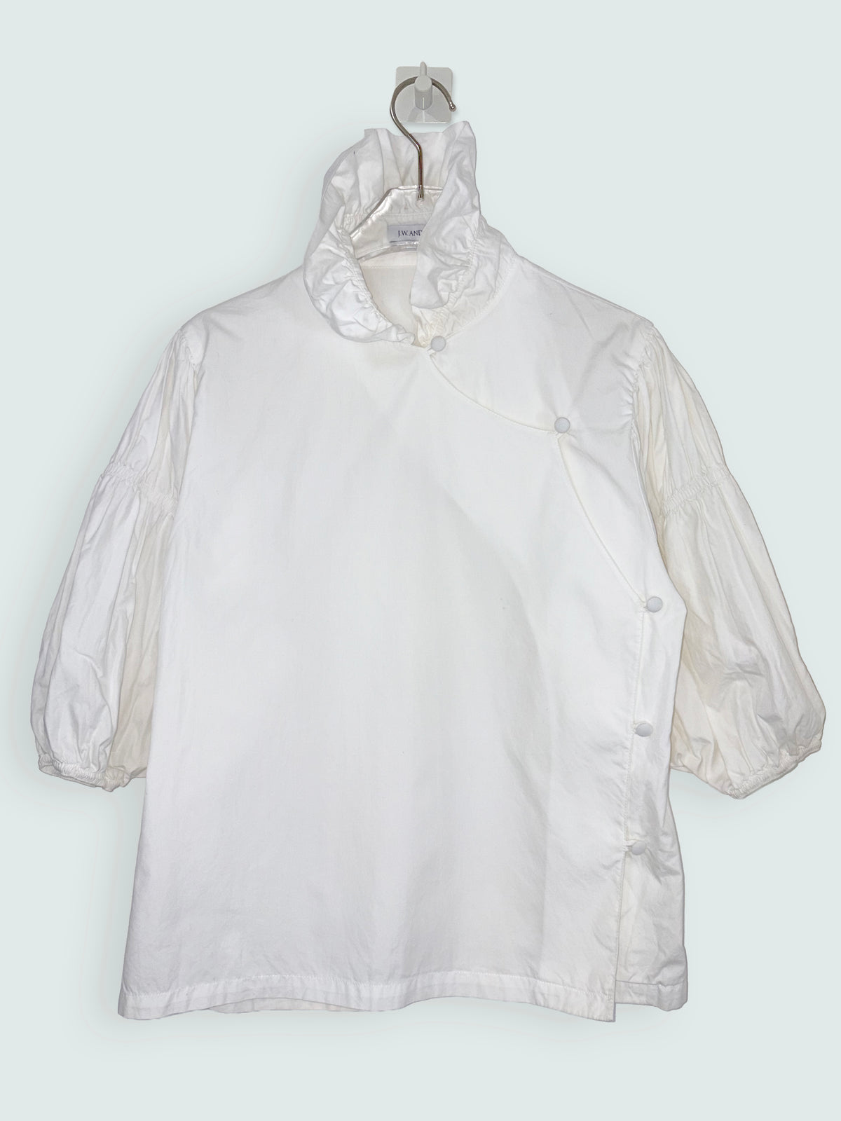 White Cotton Frill Neck Blouse Ruched Balloon Sleeves | Sz UK6