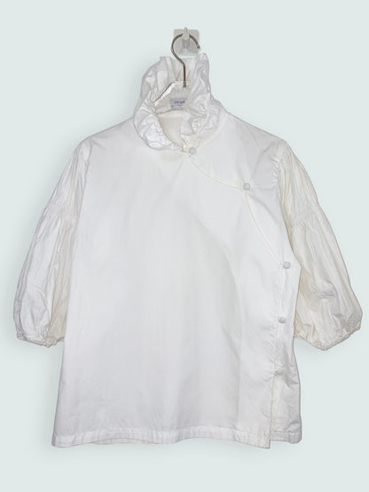 White Cotton Frill Neck Blouse Ruched Balloon Sleeves | Sz UK6