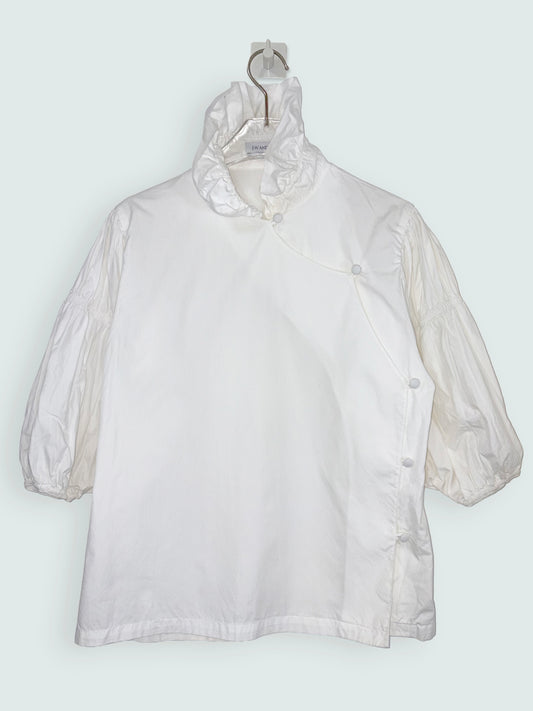 White Cotton Frill Neck Blouse Ruched Balloon Sleeves | Sz UK6