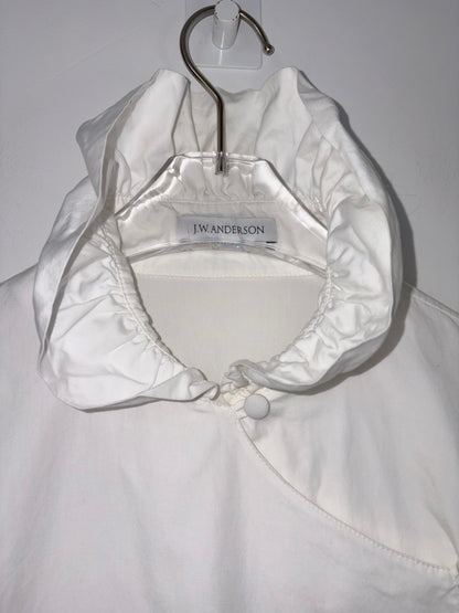 White Cotton Frill Neck Blouse Ruched Balloon Sleeves | Sz UK6