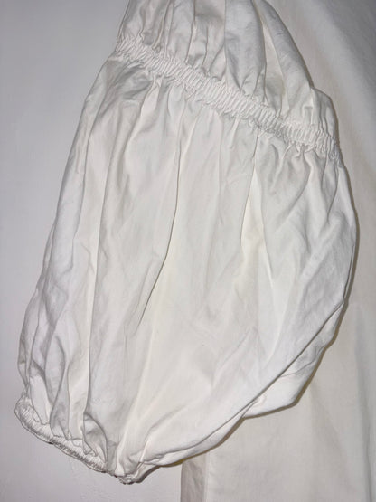 White Cotton Frill Neck Blouse Ruched Balloon Sleeves | Sz UK6