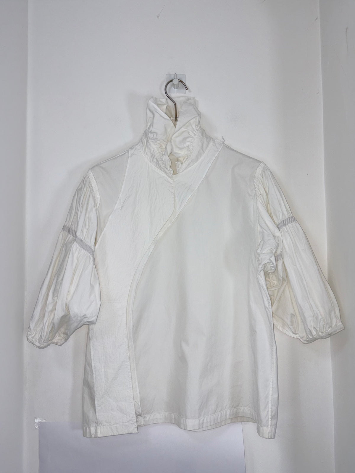 White Cotton Frill Neck Blouse Ruched Balloon Sleeves | Sz UK6