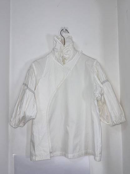 White Cotton Frill Neck Blouse Ruched Balloon Sleeves | Sz UK6