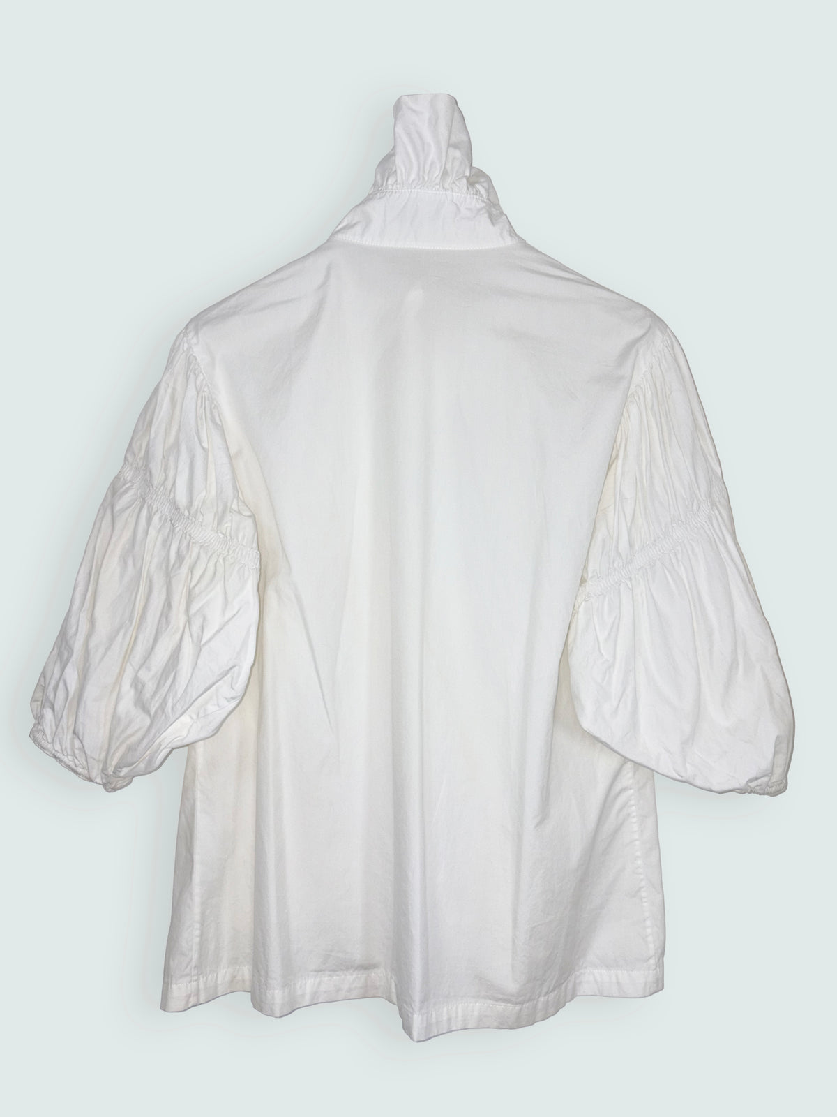 White Cotton Frill Neck Blouse Ruched Balloon Sleeves | Sz UK6