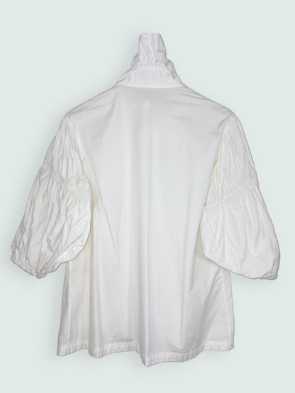 White Cotton Frill Neck Blouse Ruched Balloon Sleeves | Sz UK6
