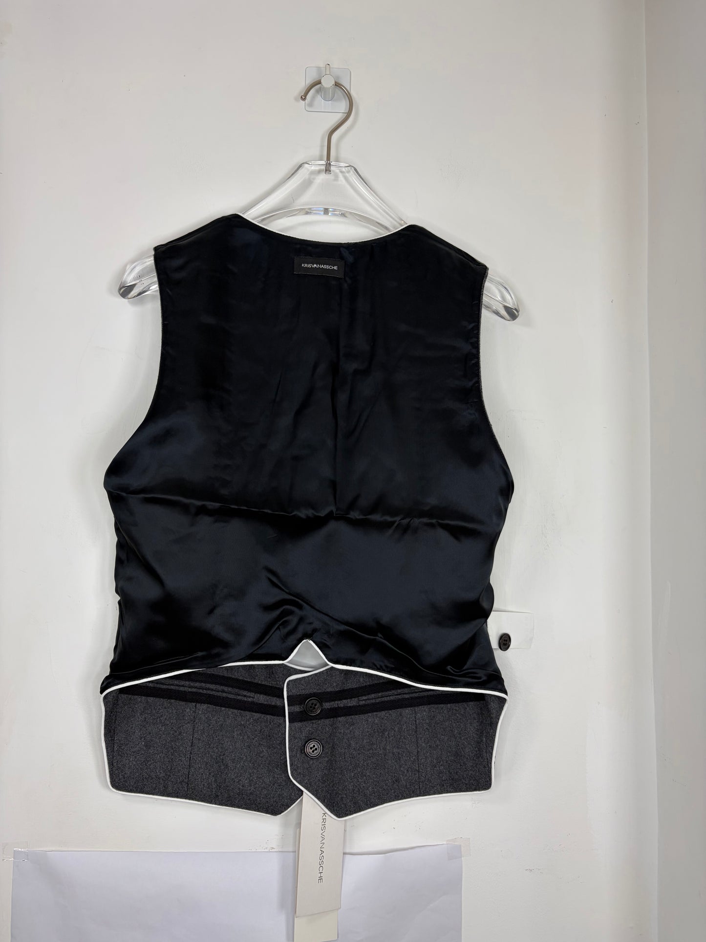 Wool Cashmere Grey Gilet Vest Low-Cut Front w Piping | Sz EU46