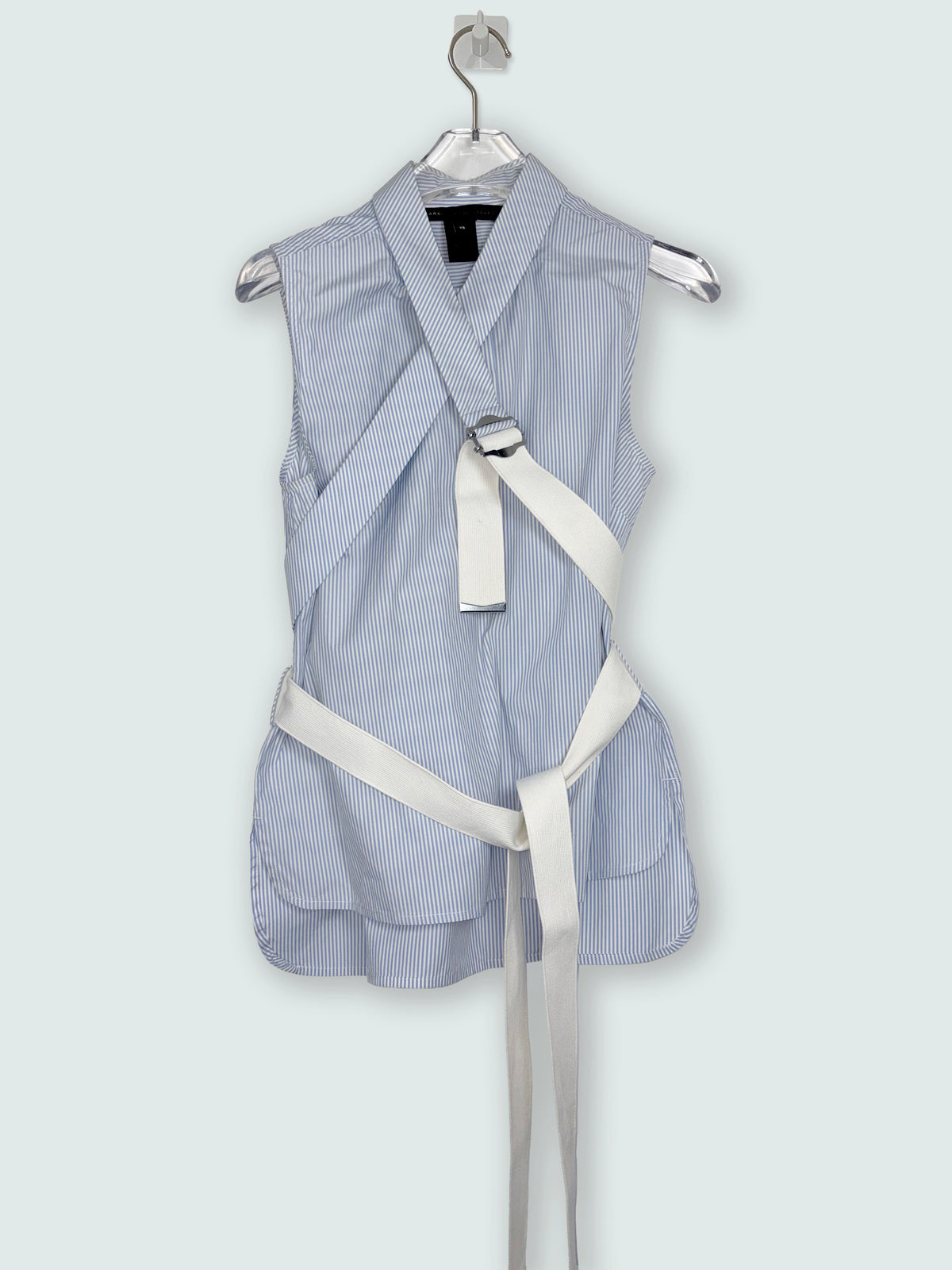 Blue & White Stripe Top w/ Crisscross Strap Belt | Sz XS