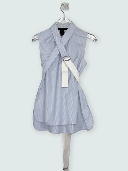Blue & White Stripe Top w/ Crisscross Strap Belt | Sz XS