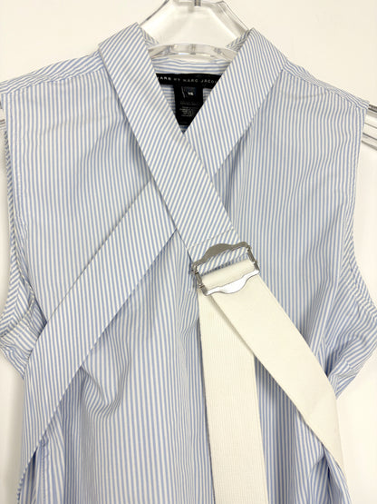 Blue & White Stripe Top w/ Crisscross Strap Belt | Sz XS