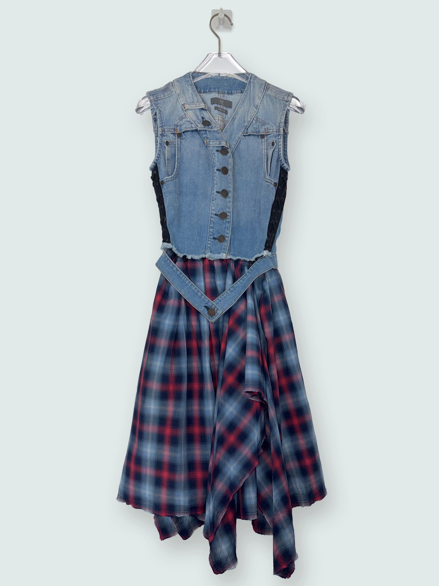 Denim top Tartan Plaid Draped Skirt | Sz IT 38~Small