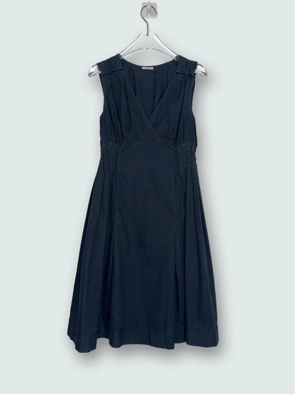 Vintage Ruche Gather Sleeveless Cotton V Neck Dress | Sz IT 38 ~ Small