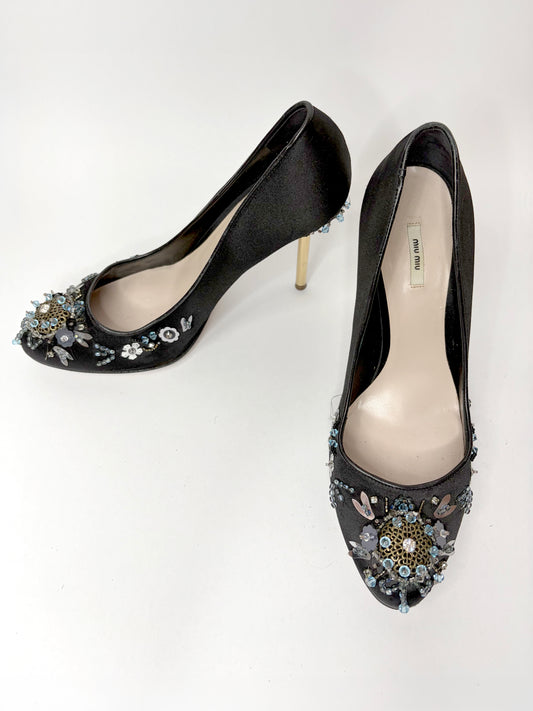 2006 Fall/Winter Black Satin Pumps Sequin w/ Gold Heels | Sz 38.5