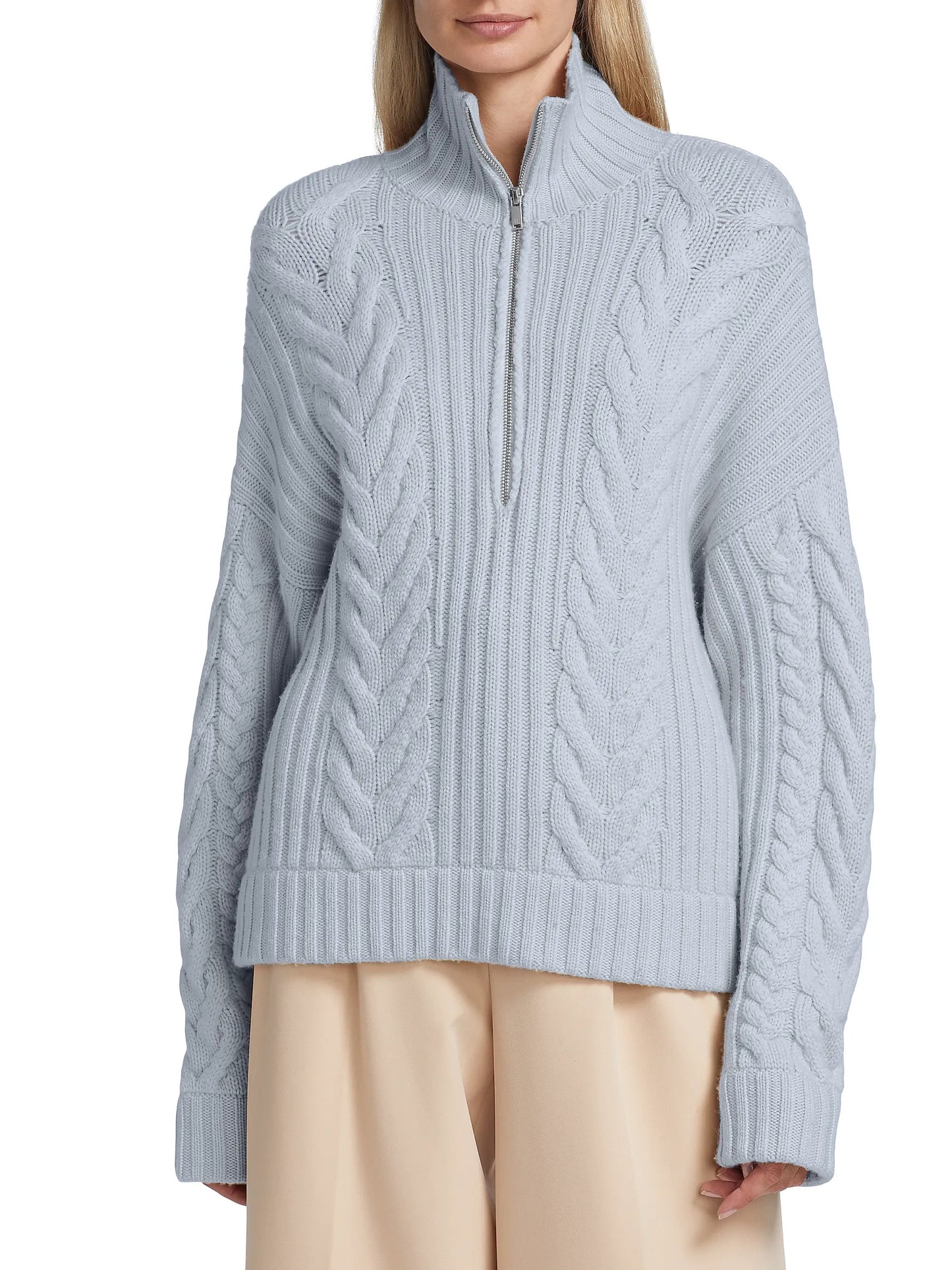Wool Cashmere Open Back Cable Knit Quarter Zip Blue Sweater | Sz XSmall