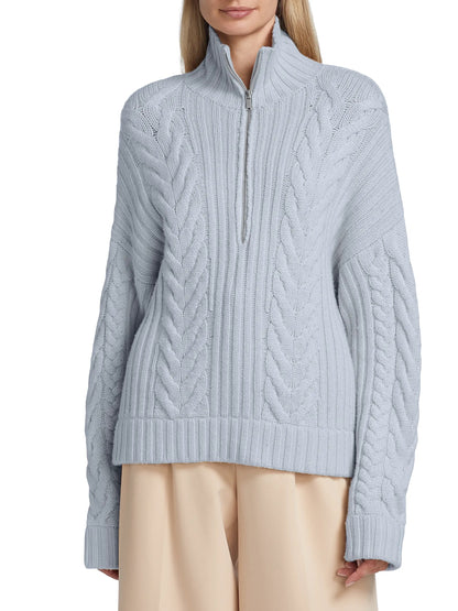 Wool Cashmere Open Back Cable Knit Quarter Zip Blue Sweater | Sz XSmall