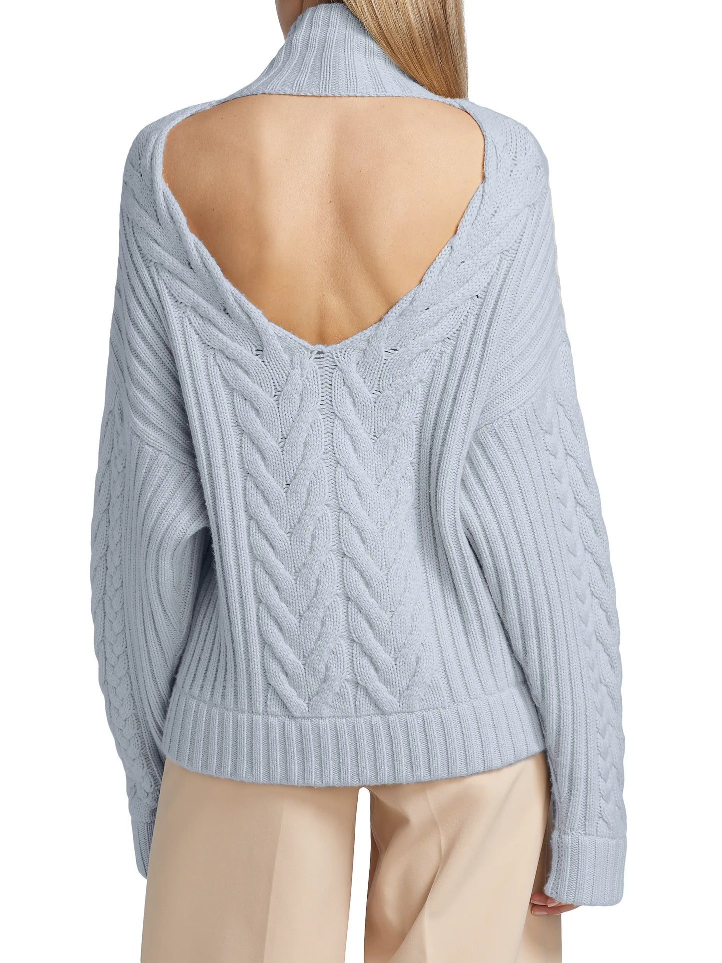 Wool Cashmere Open Back Cable Knit Quarter Zip Blue Sweater | Sz XSmall